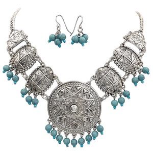 Tribal Disk Turquoise Bead Necklace Earrings Set